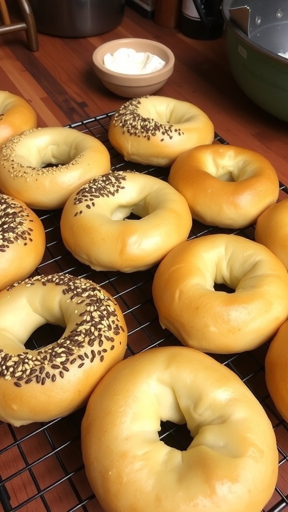 Freshly baked homemade bagels on a cooling rack, some topped with sesame seeds.
